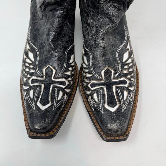 J.B. Dillon Black White Goat Leather Cowgirl Boots 6 Wings Cross Mexico Western - Picture 4 of 12